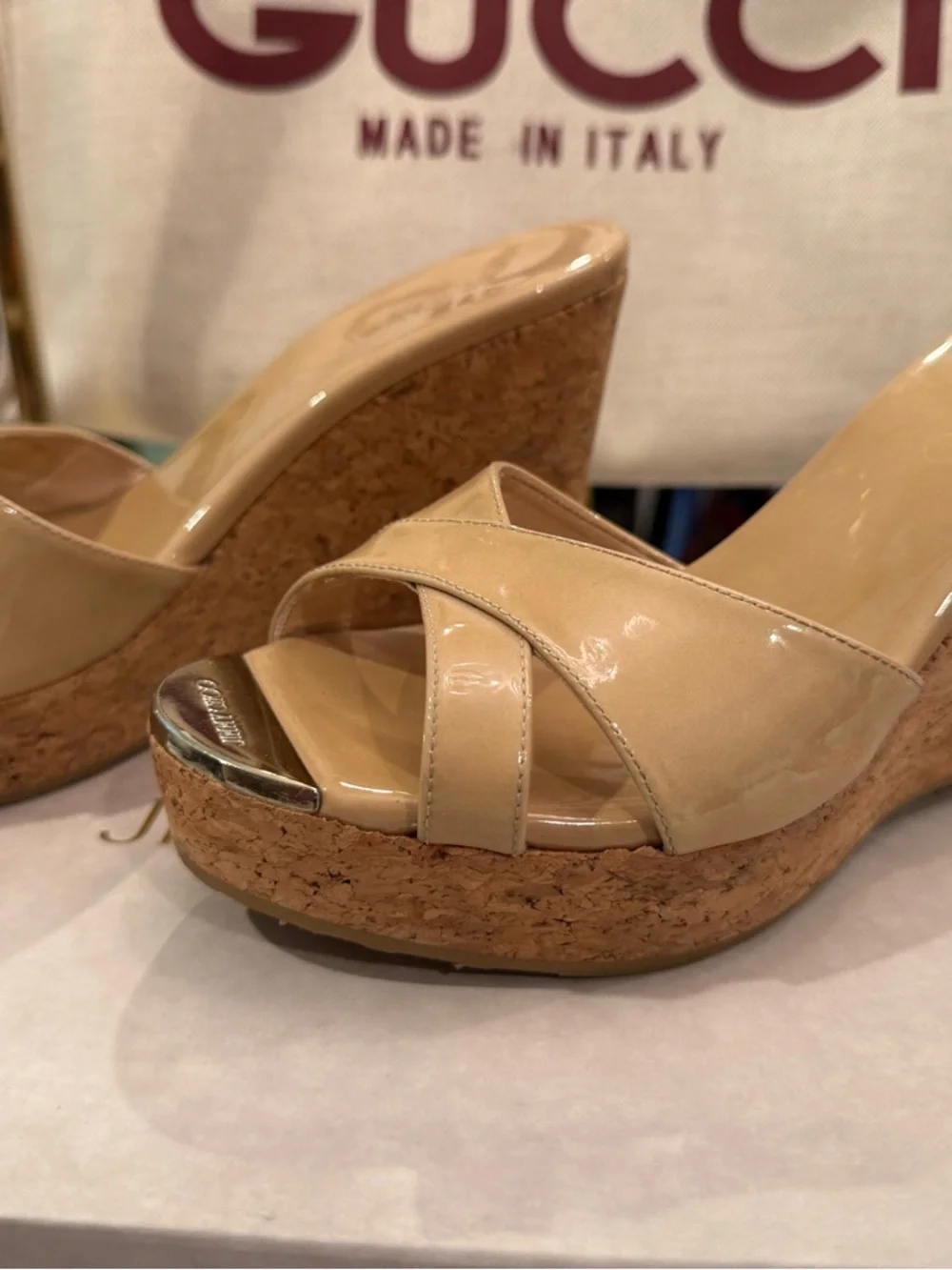 Jimmy Choo Beige Patent Leather Platform Wedge Sandals - Size 37.5 - Picture 4 of 5